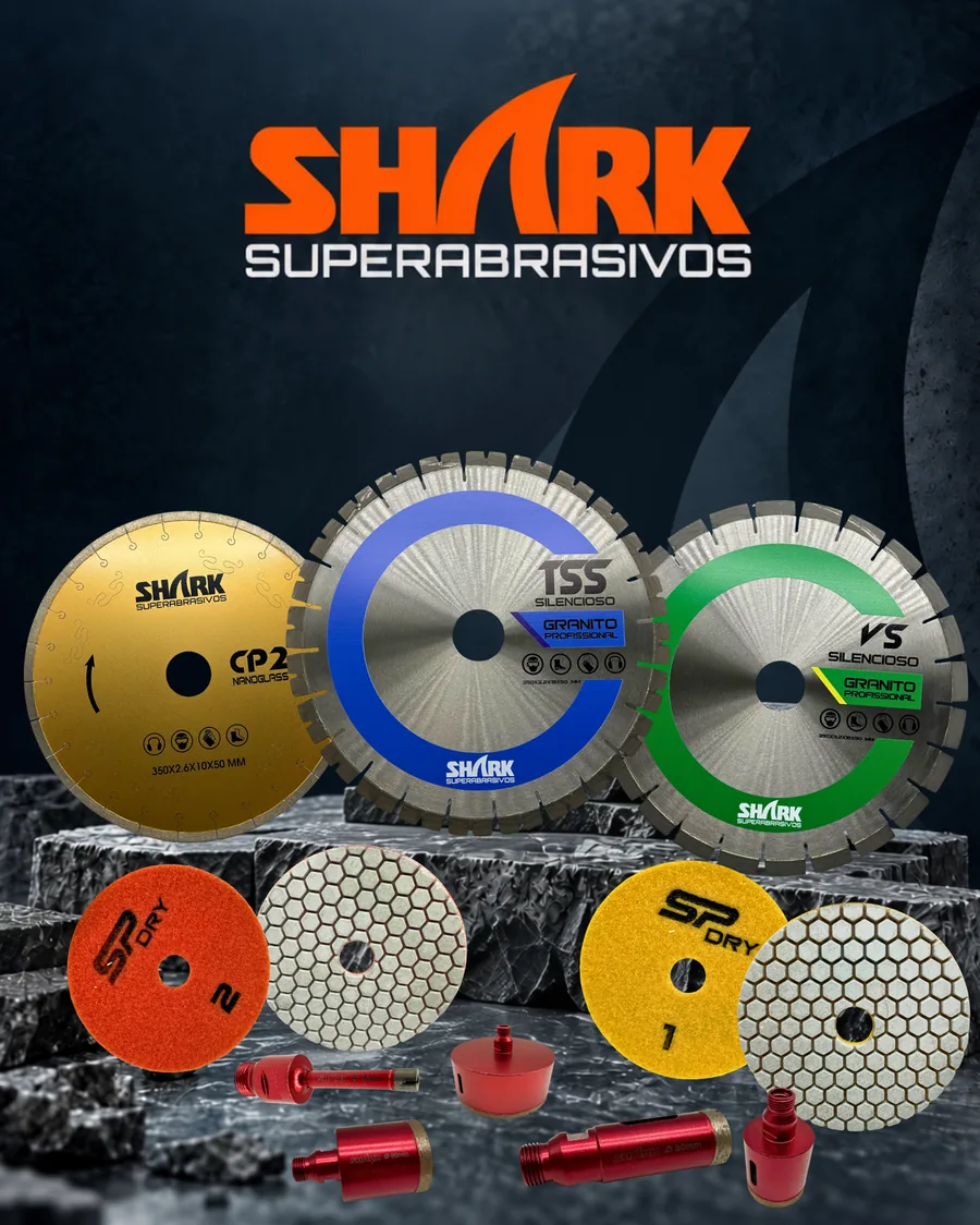 Discos de serra TSS e VS, lixas SP Dry e broca diamantada da Shark Superabrasivos